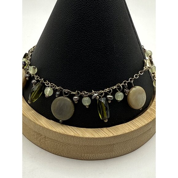 Beaded Bracelet With Green Gray & Pearl Charms Silver Chain Adjustable Size - Picture 5 of 5